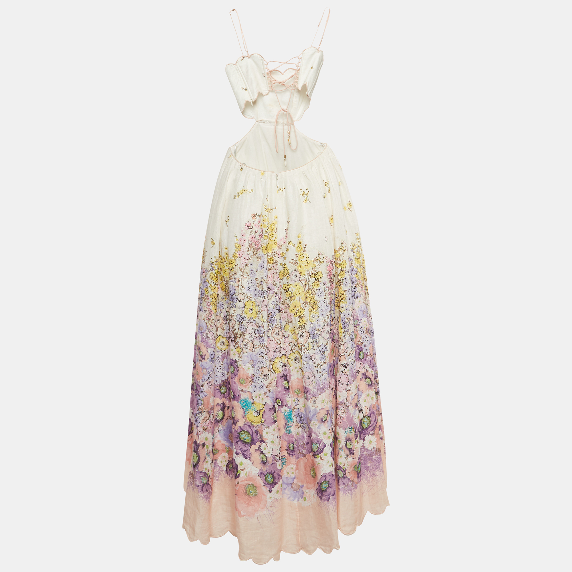 

Zimmermann White/Pink Floral Print Linen Lace-Up Cut Out Detail Midi Dress
