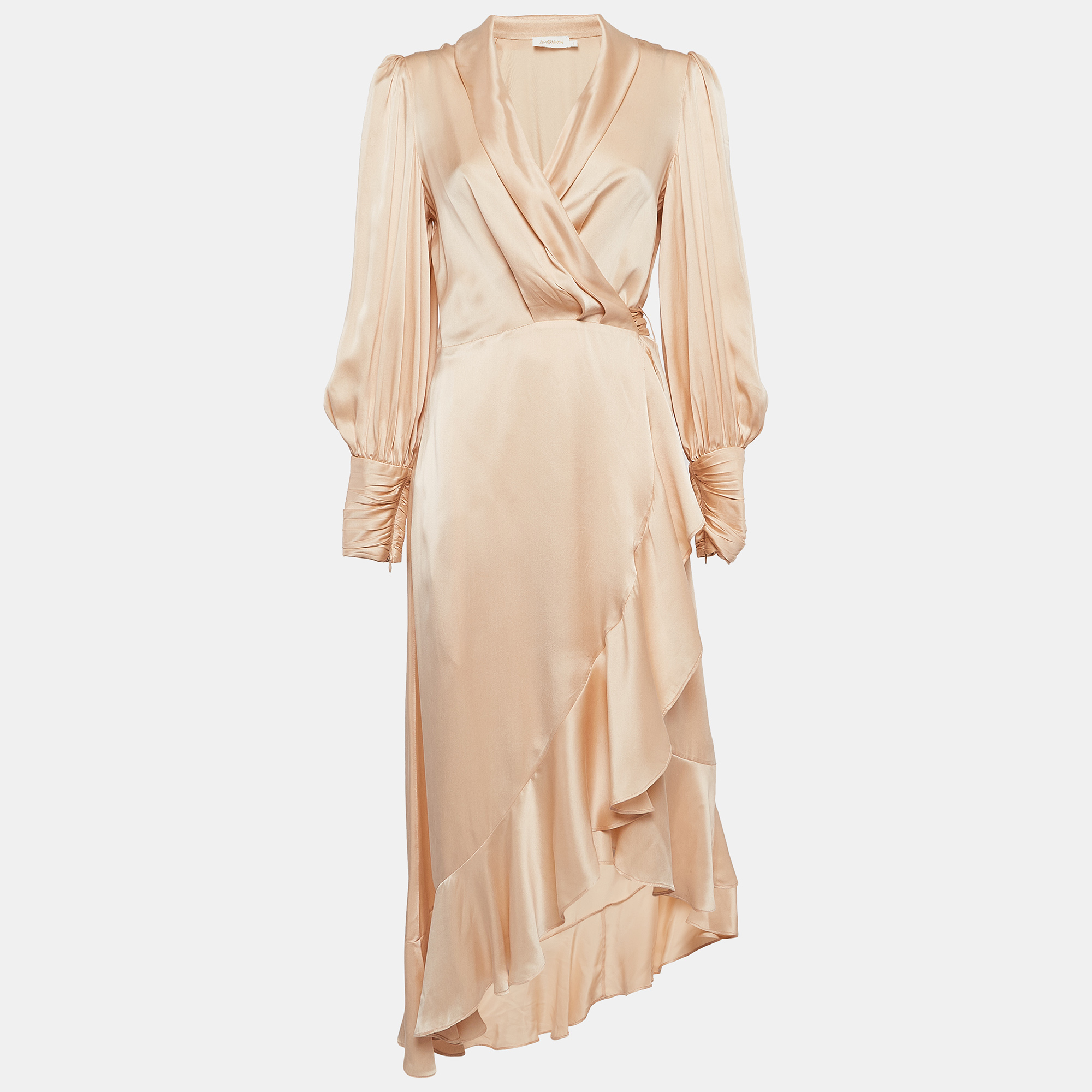Pre Owned  Zimmermann Beige Silk Satin Blouson Sleeve Asymmetric Midi Wrap Dress M