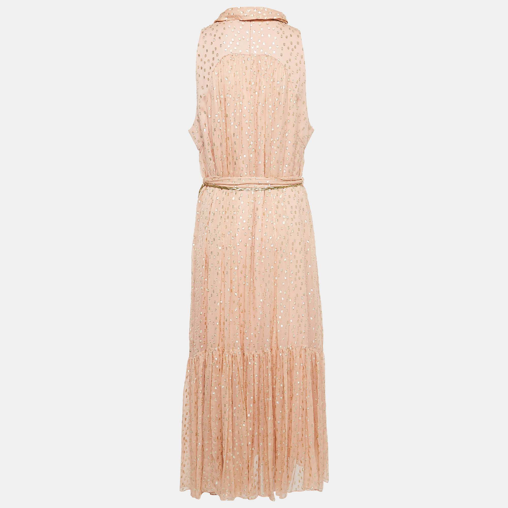 

Zimmermann Pink Metallic Dots Silk Tie-Up Neck Belted Midi Dress