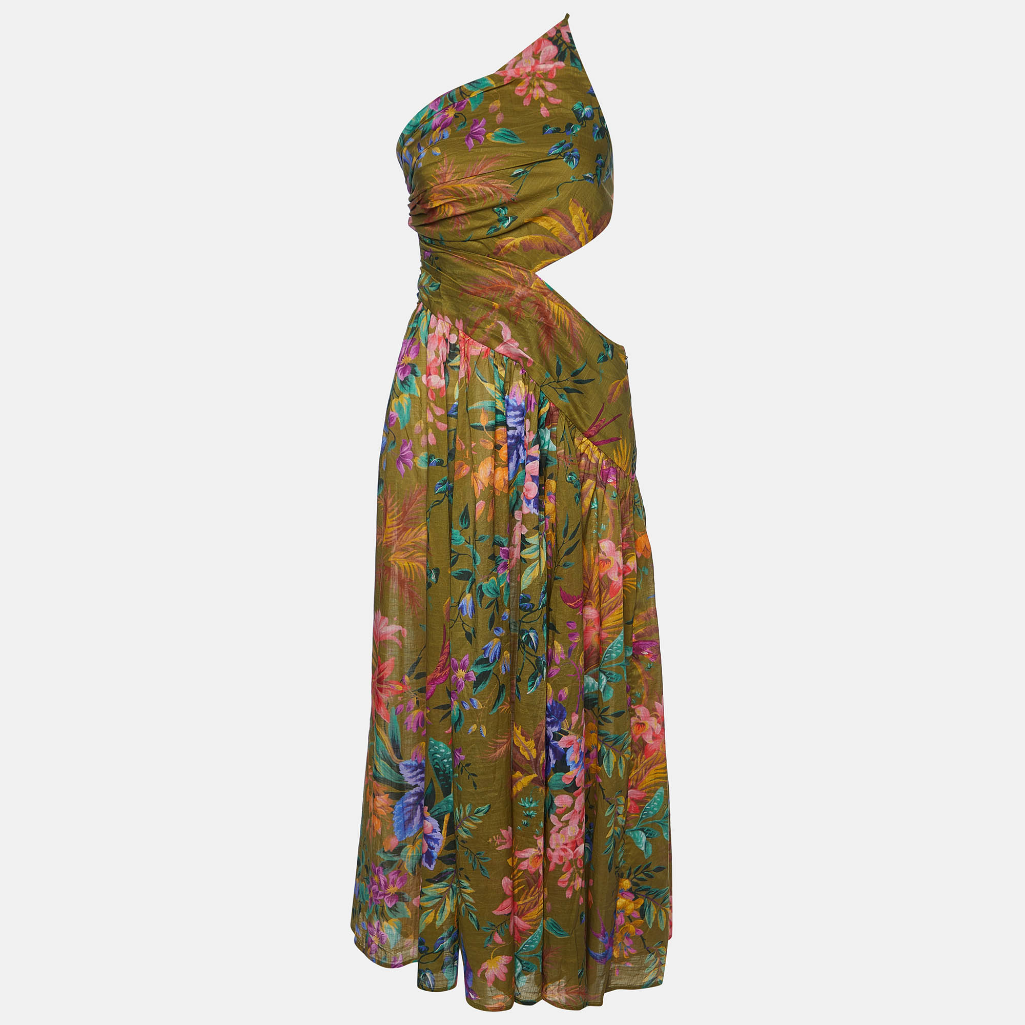 

Zimmermann Olive Green Floral Print Cotton Tropicana Asymmetric Dress