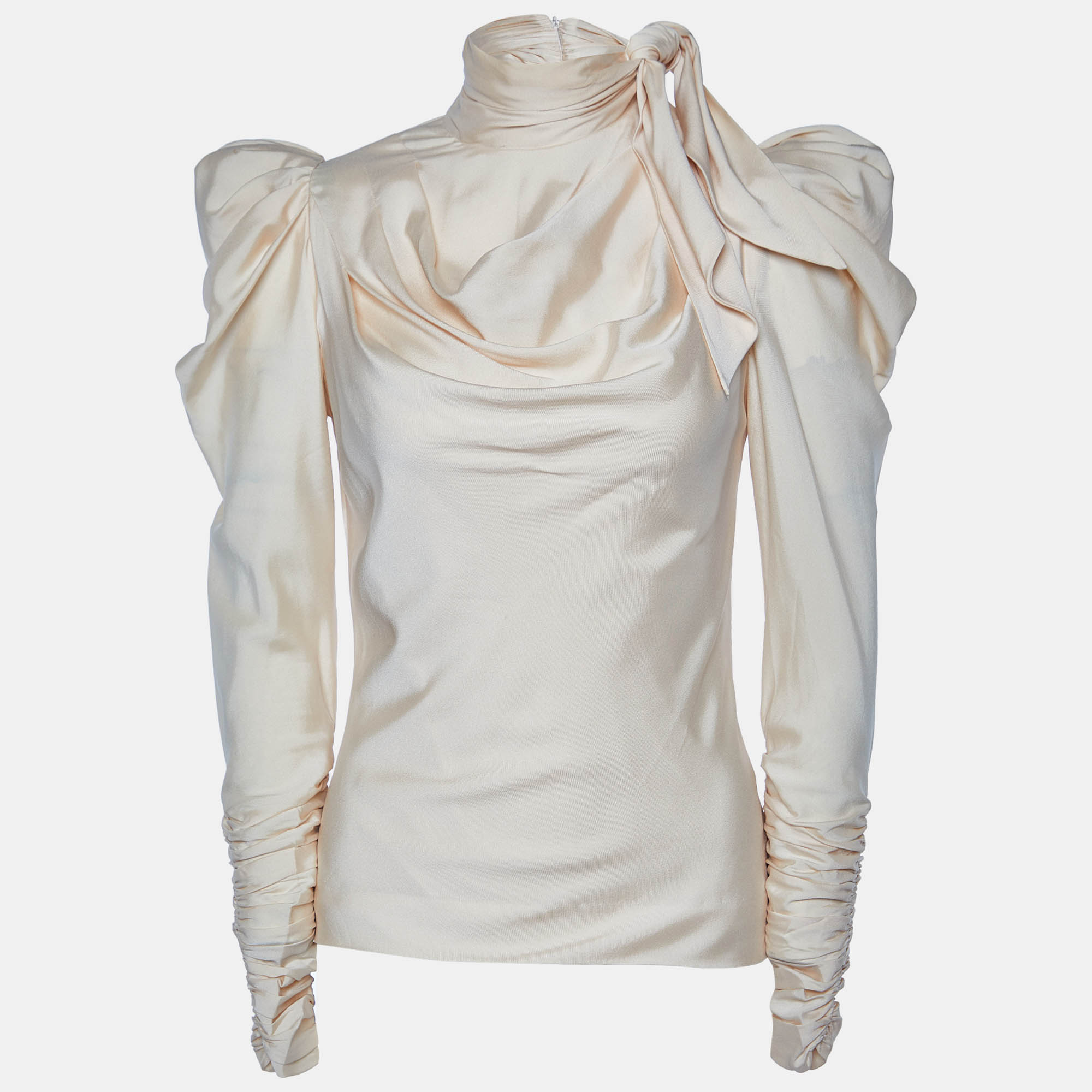 Pre Owned Zimmermann Beige Stretch Silk Ruched Long Sleeve Blouse S