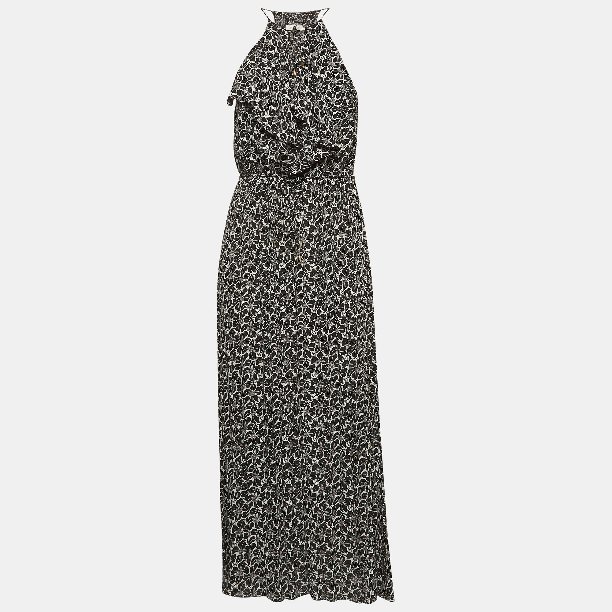 

Zimmermann Black/White Floral Print Crepe Tie-Up Detail Maxi Dress
