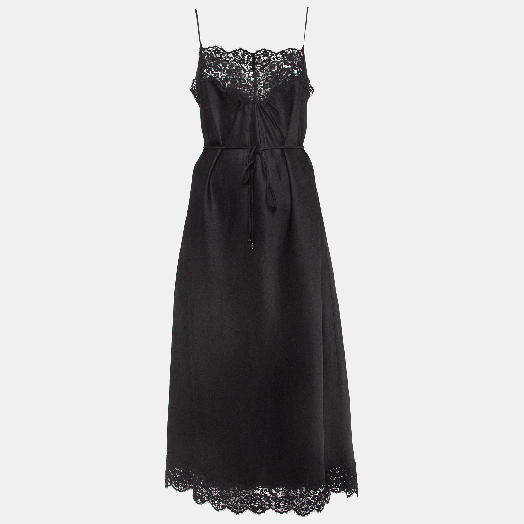 

Zimmermann Black Lace Trim Crepe Tie-Up Detail Chantilly Midi Slip Dress