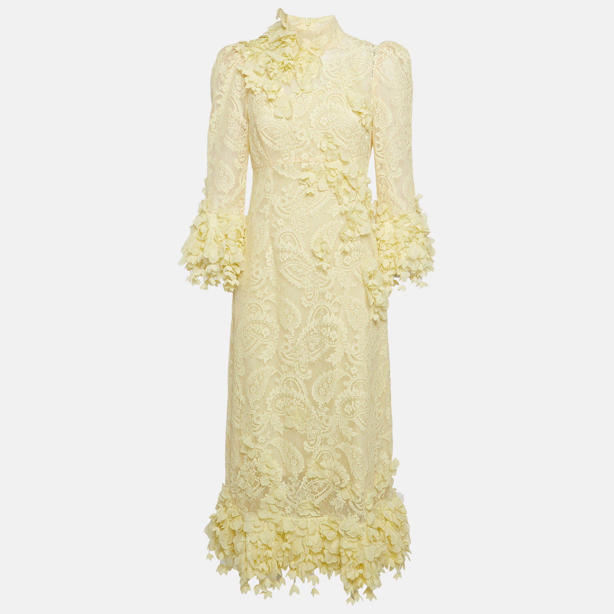 Pre-owned Zimmermann Yellow High Tide Applique Lace Midi Dress M