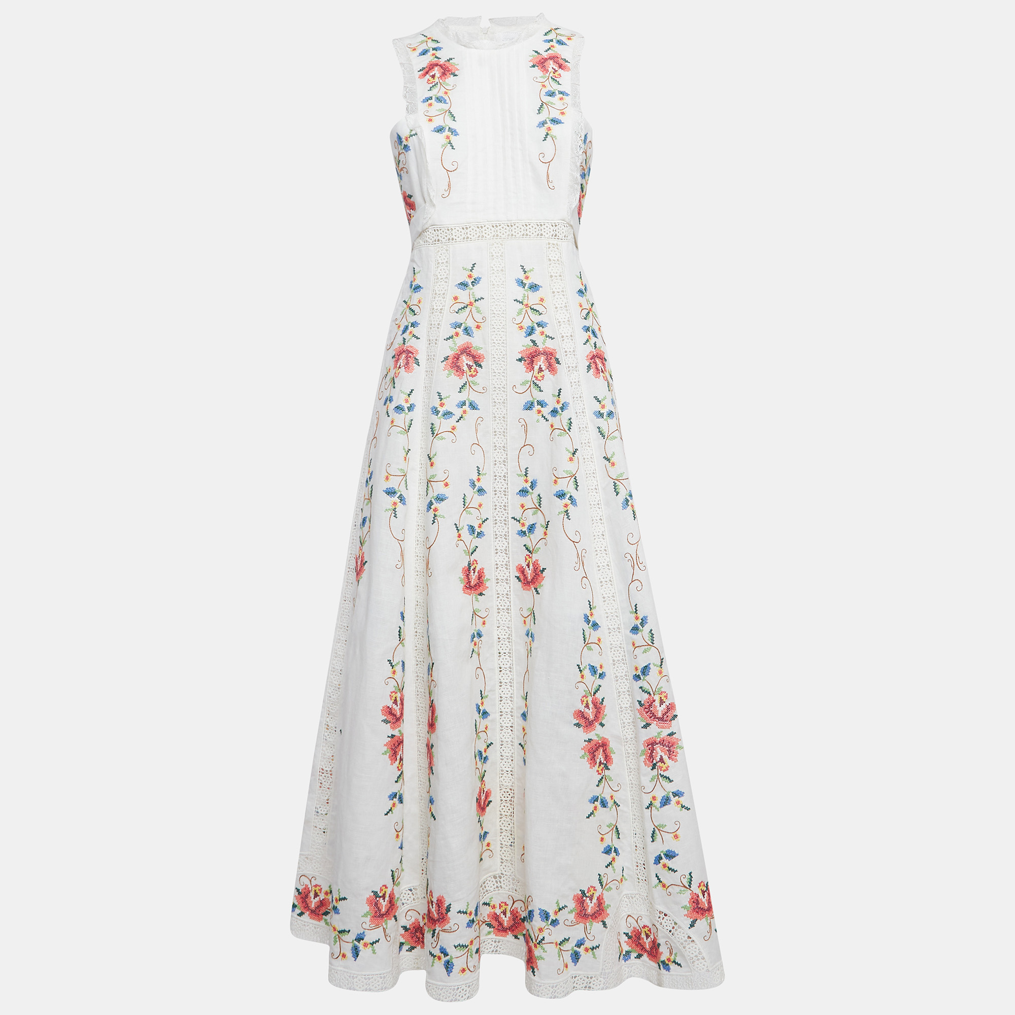 

Zimmermann White Laelia Cross Stitch Cotton Blend Sleeveless Mid Dress