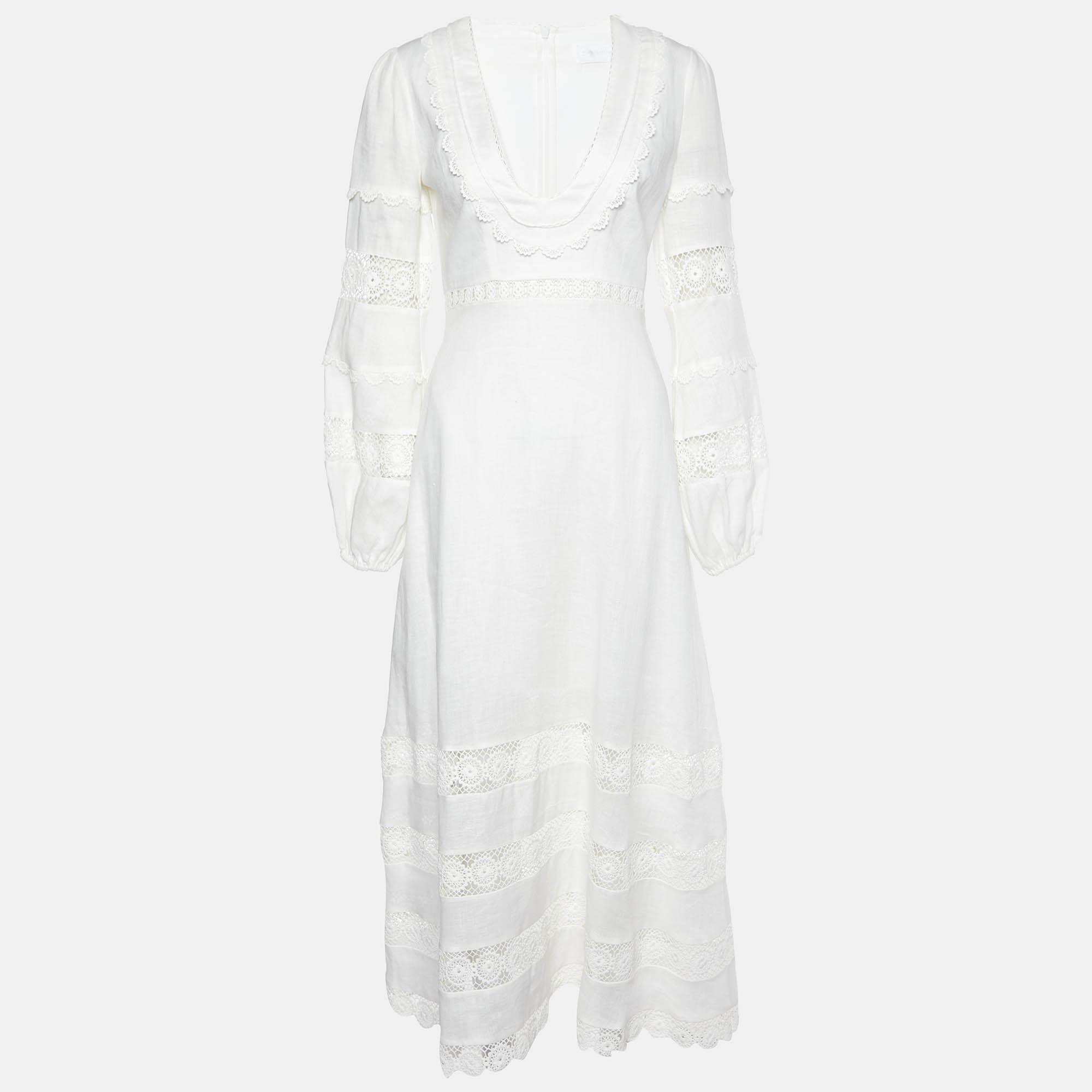 

Zimmermann Ivory Linen & Lace Paneled Midi Dress S, White