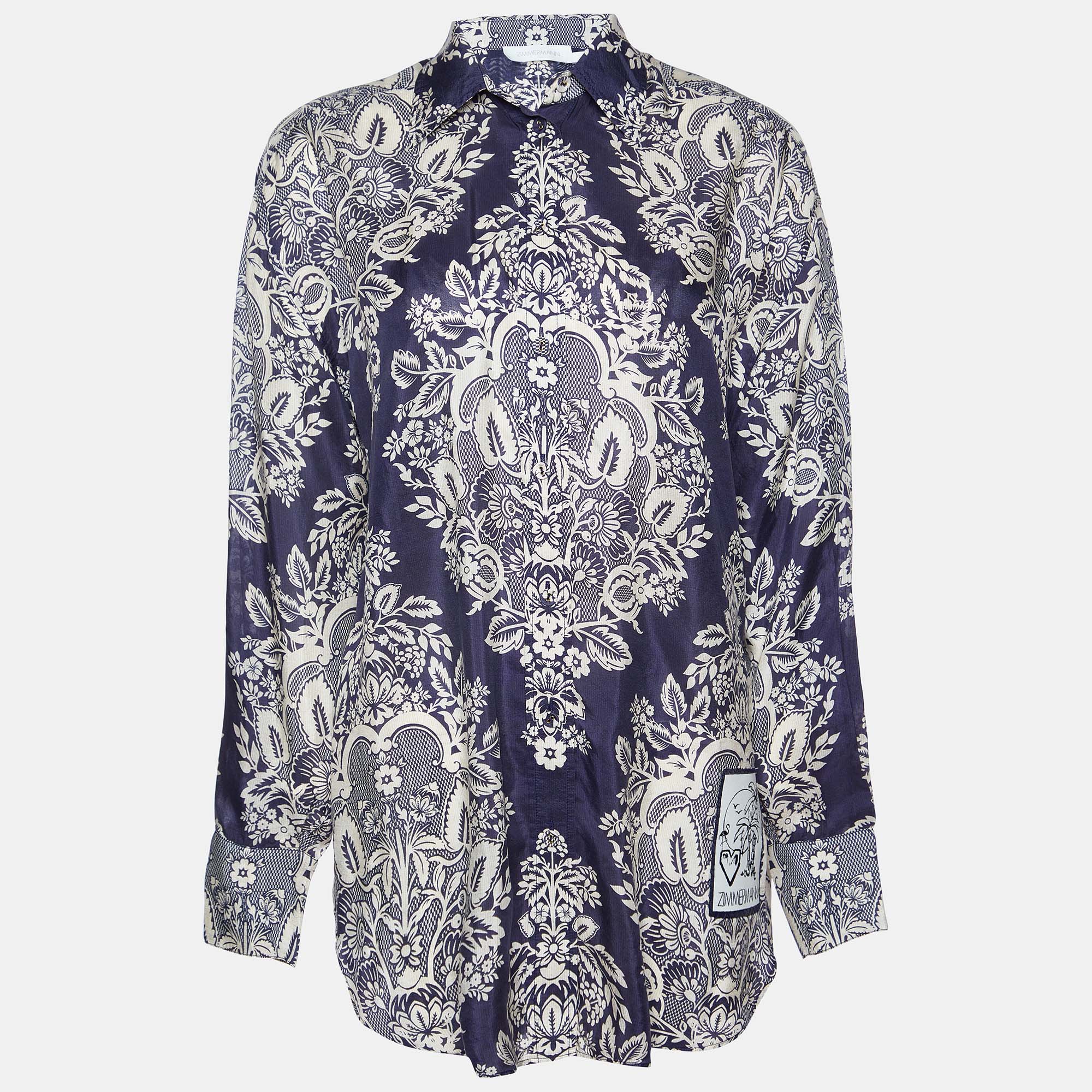 

Zimmermann Navy Blue Floral Print Silk Shirt M