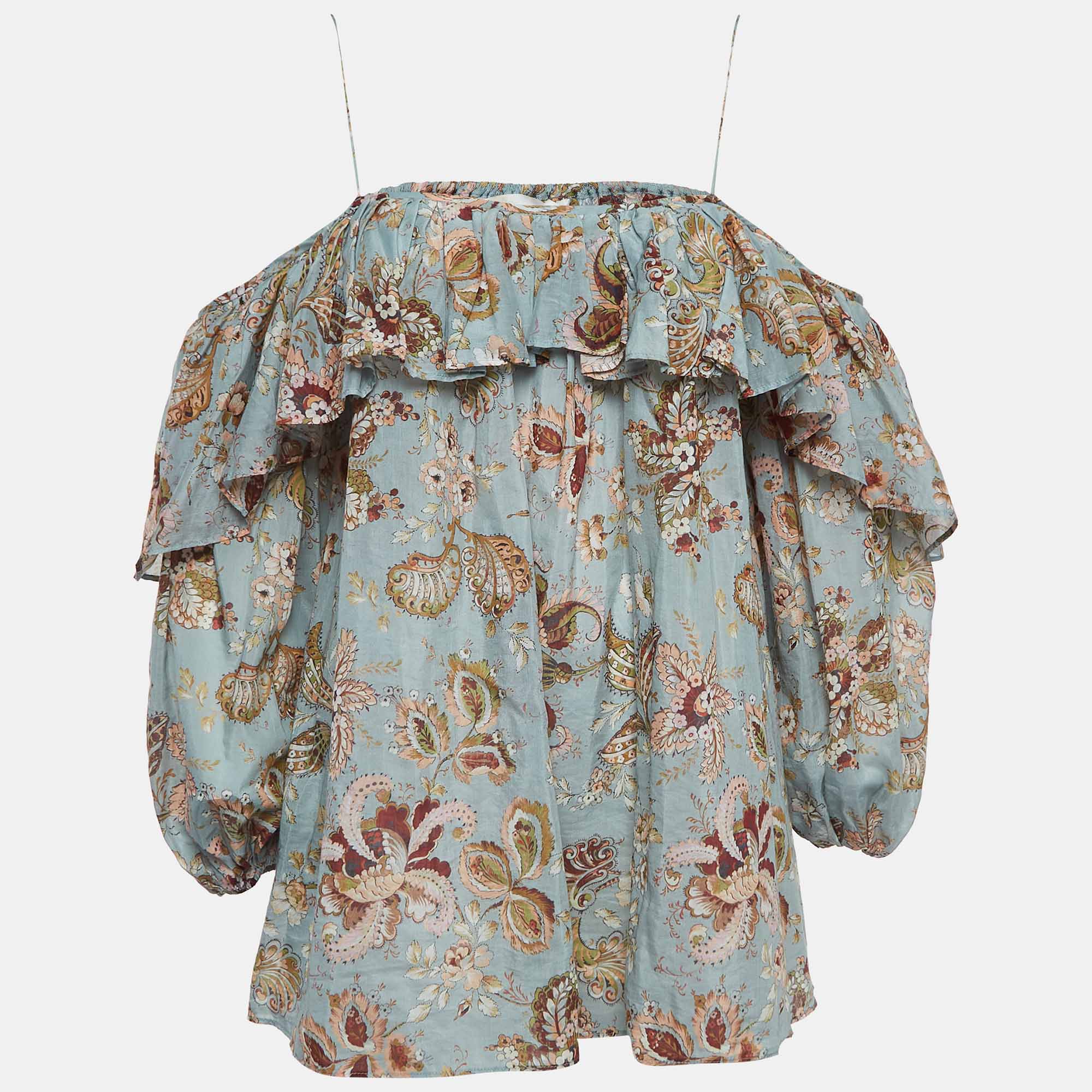 Pre-owned Zimmermann Blue Floral Print Silk Blend Off-shoulder Blouse S