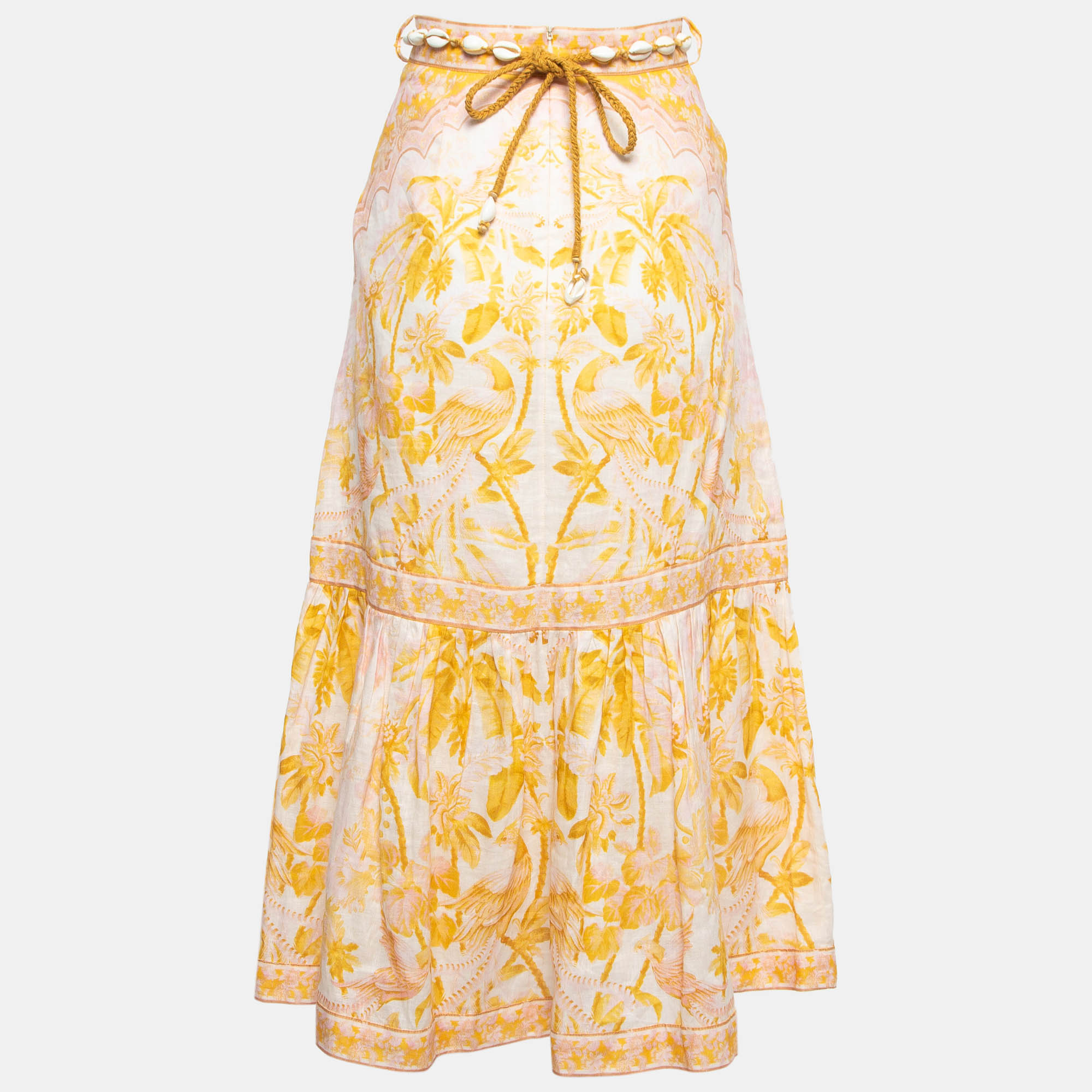 

Zimmermann Yellow Floral Print Linen Belted Midi Skirt S