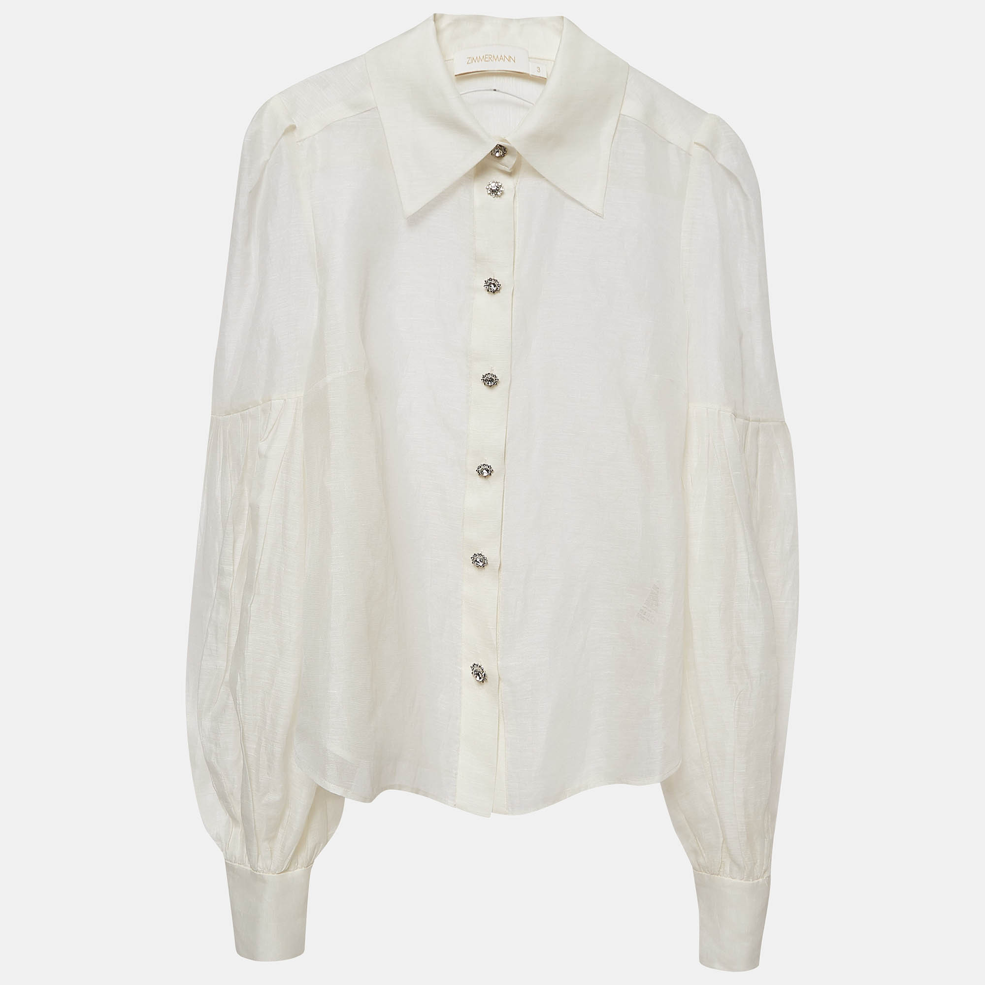 

Zimmermann Off White Linen Detailed Button Pleated Sleeves Top XL