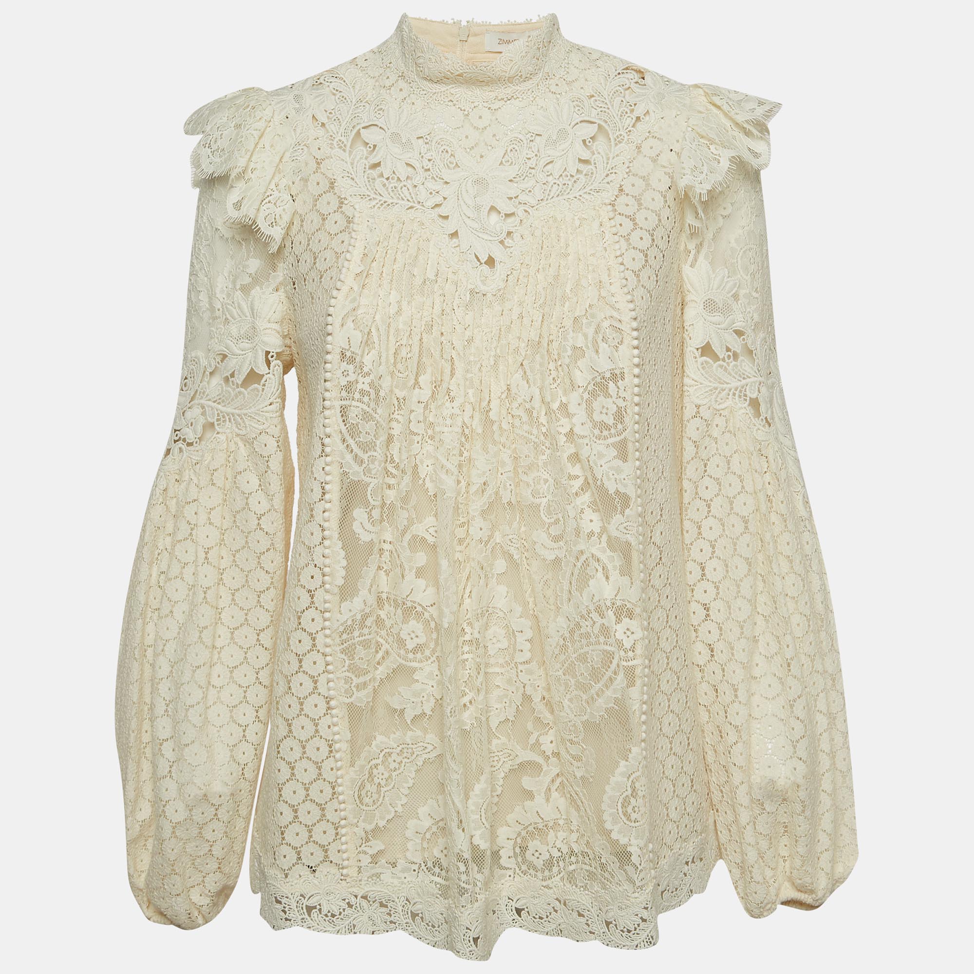 

Zimmermann Off White Lace Ruffled Sleeve Top M