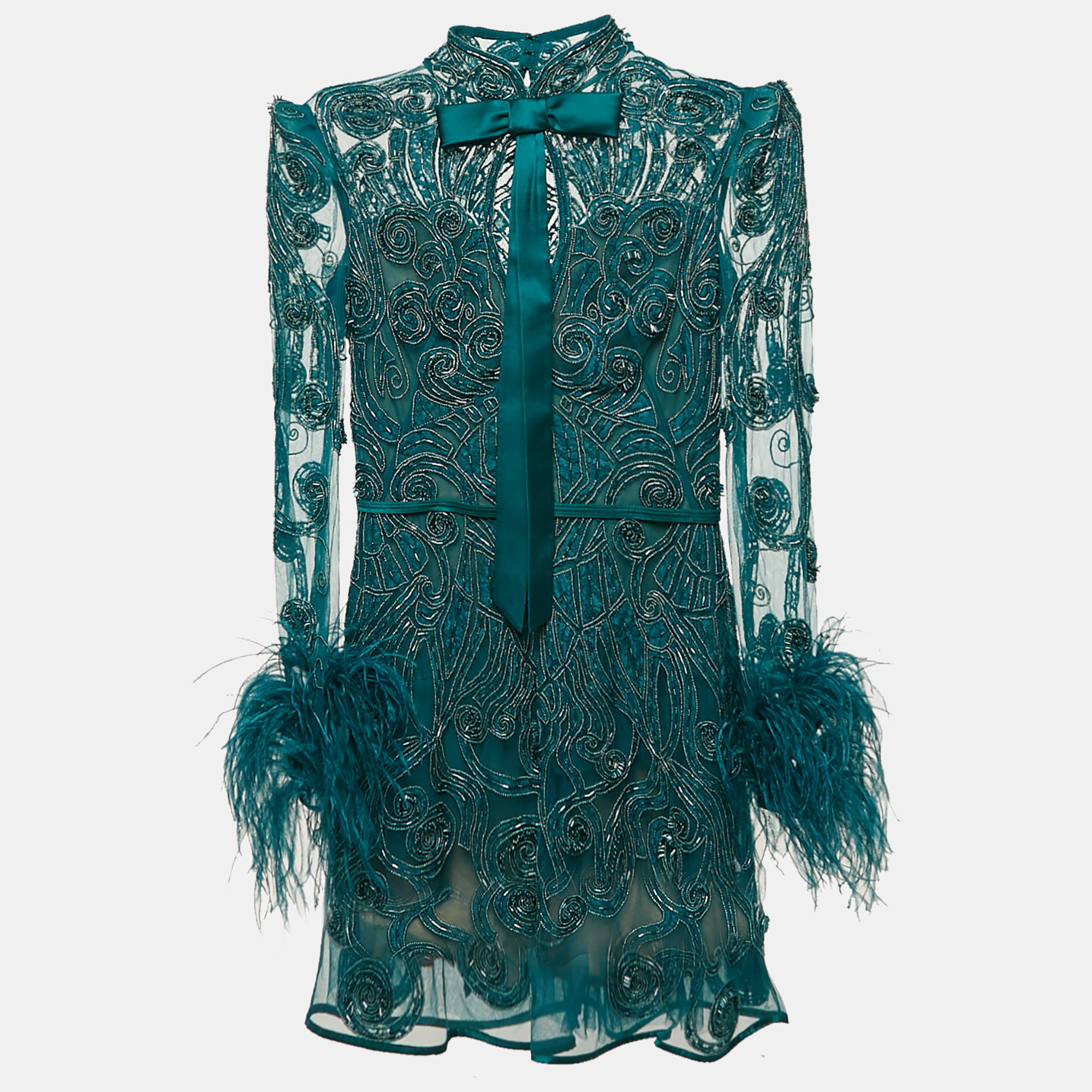 Pre-owned Zuhair Murad Green Beaded Tulle Faux Feather Detail Mini Dress Xs