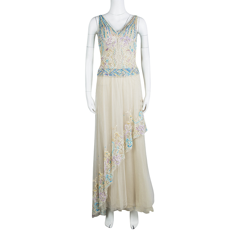 

Zuhair Murad Haute Couture Beige Contrast Embellished Sleeveless Gown