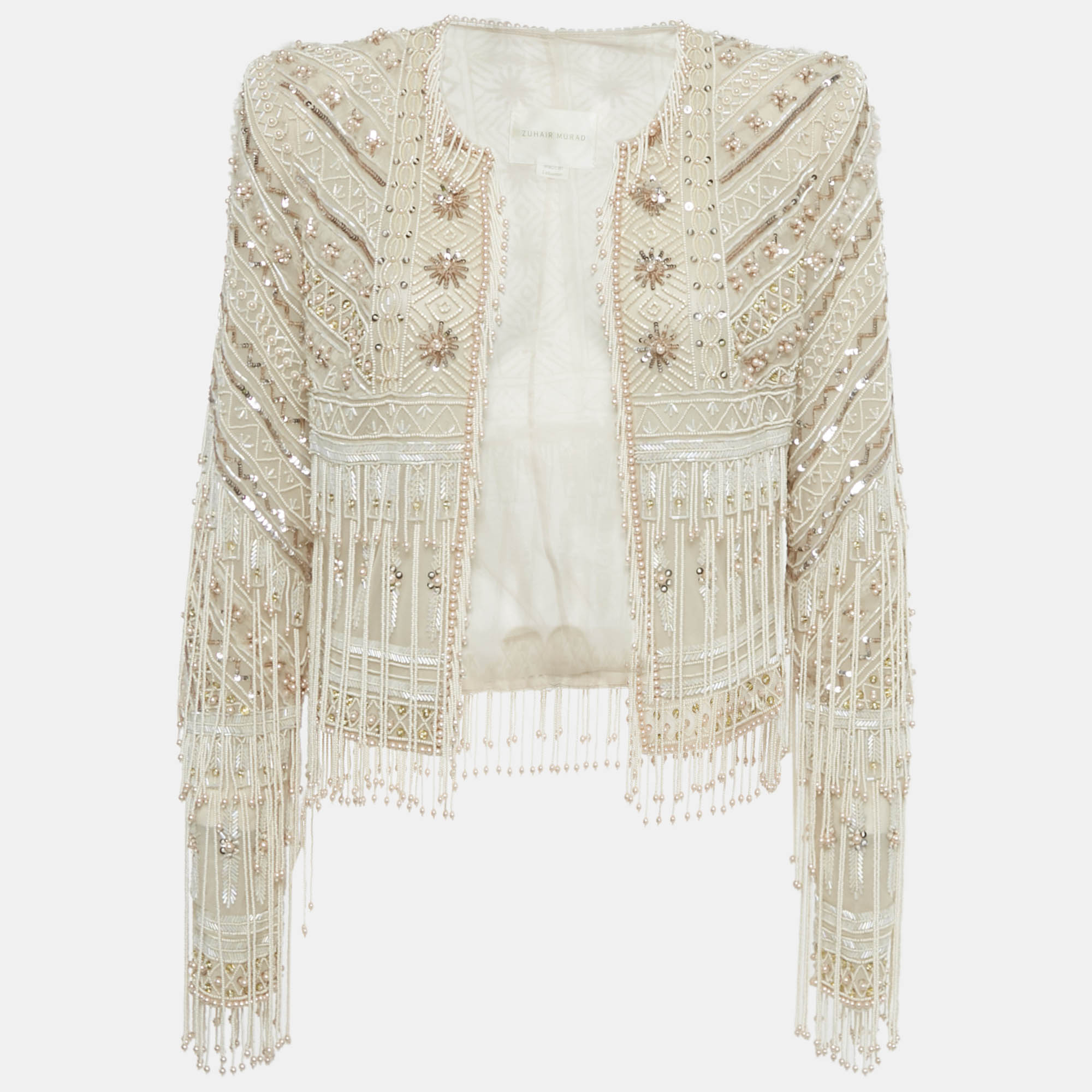 Pre-owned Zuhair Murad Cream Embellished Silk Blend Open Front Jacket M In White