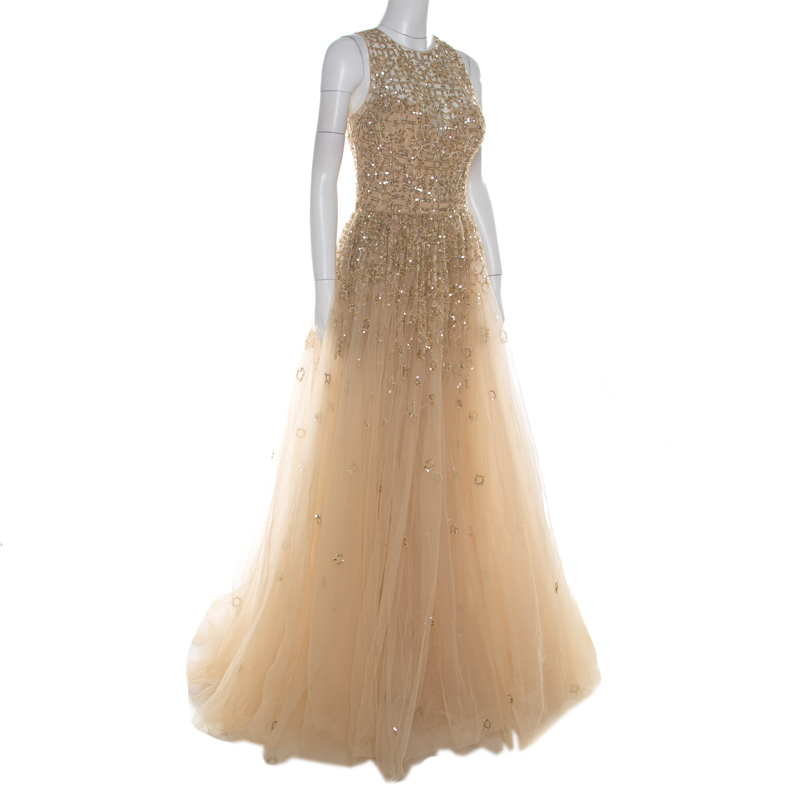

Zuhair Murad Toffee Cream Layered Tulle Embellished Sheer Yoke Evening Gown, Beige
