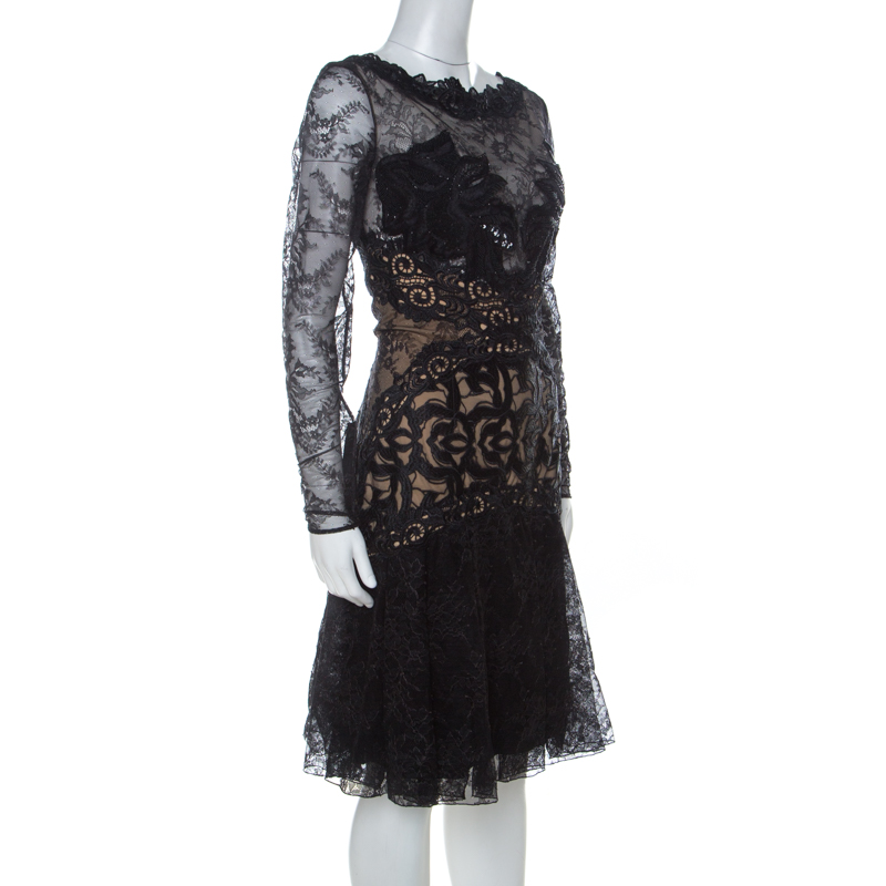 

Zuhair Murad Black Embellished Lace and Tulle Short Flared Cocktail Dress