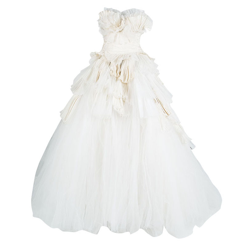 Buy Zuhair Murad Off White Plisse Ruffle Detail Layered Strapless