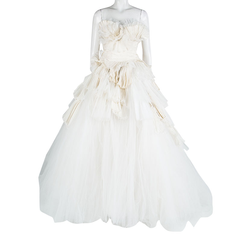 

Zuhair Murad Off White Plisse Ruffle Detail Layered Strapless Wedding Gown