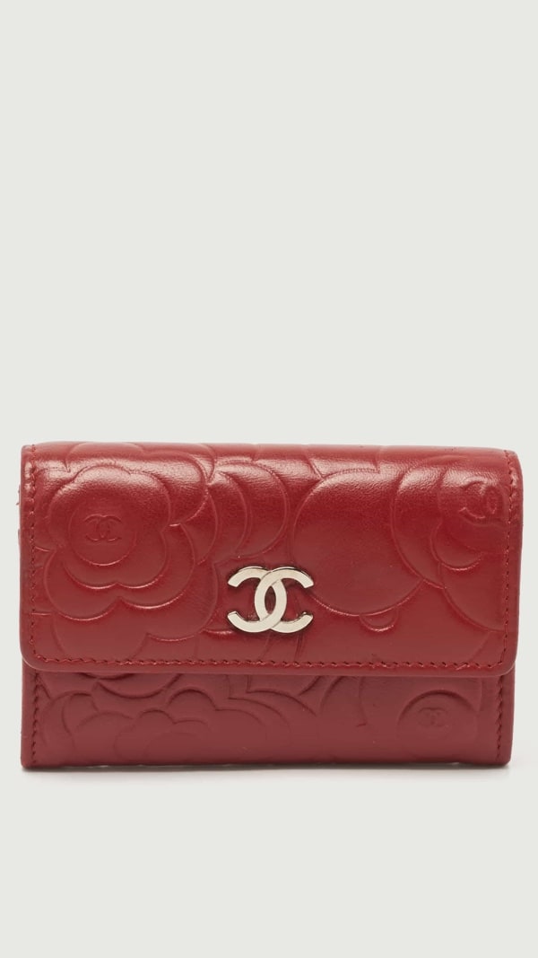 Chanel Red Camellia Embossed Leather CC Flap Card Case 