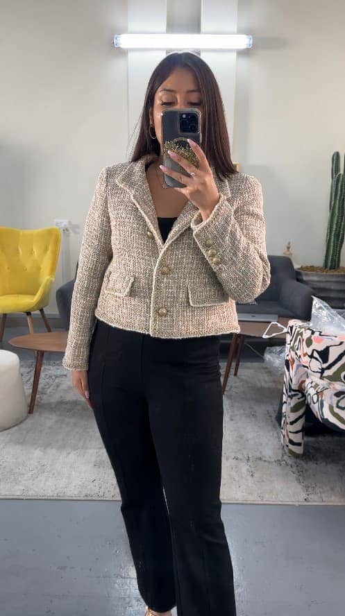 Chanel Beige Tweed Gold-Button Cropped Jacket XL