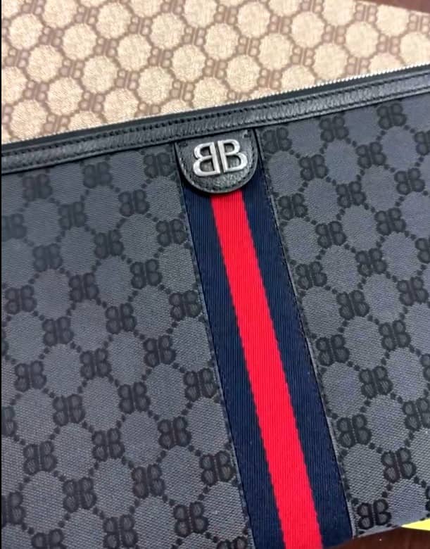 Balenciaga x Gucci The Hacker Project Black Canvas Web Wristlet BB Clutch Bag 