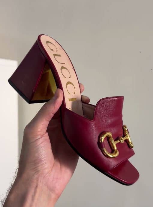 Gucci Burgundy Leather Horsebit Slide Sandals Size 38.5