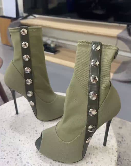 Giuseppe Zanotti Army Green Canvas and Studded Leather Peep-Toe Ankle Boots Size 37