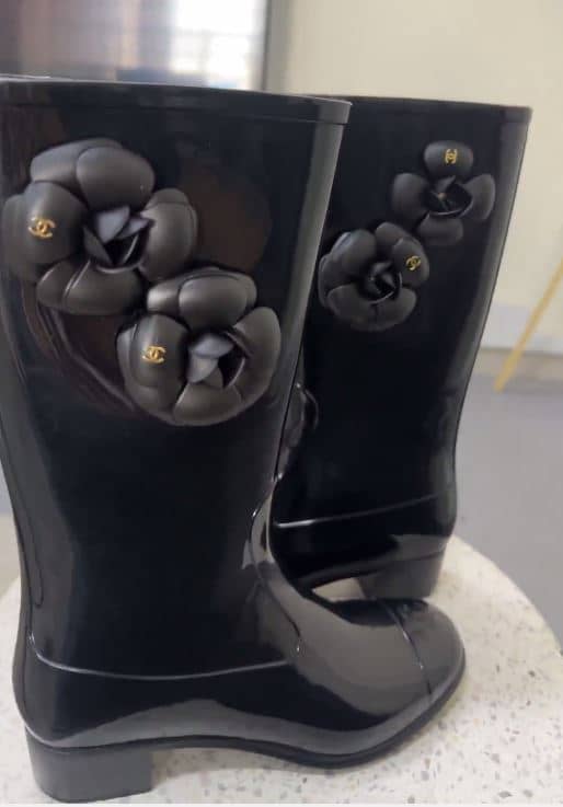 Chanel Black Rubber CC Camellia Rain Boots Size 38