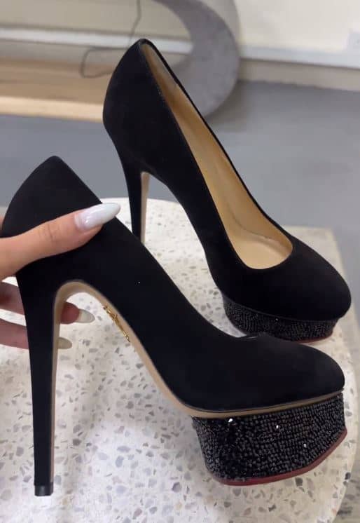 Charlotte Olympia Black Suede Crystal Embellished Dolly Platform Pumps Size 38