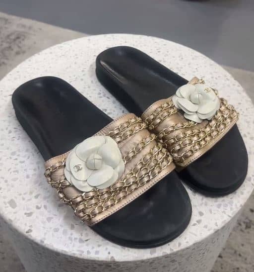 Chanel Metallic Leather CC Camellia Chain Link Detail Slides Size 40