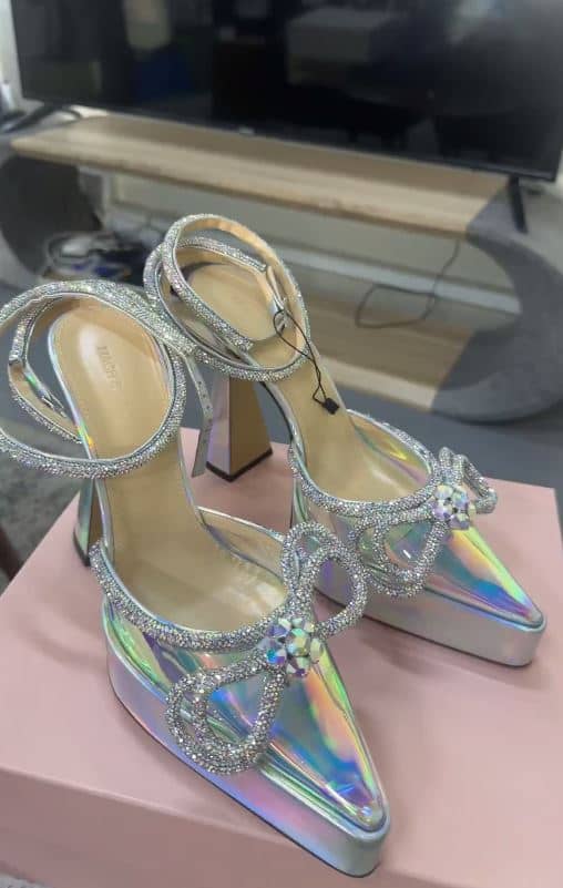 Mach & Mach Multicolor PVC Crystal Embellished Double Bow Platform Ankle Strap Pumps Size 41