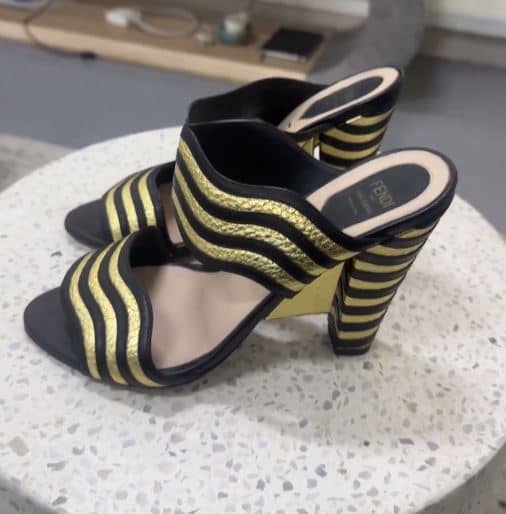 Fendi Black/Gold Leather Wave Striped Slide Sandals Size 39