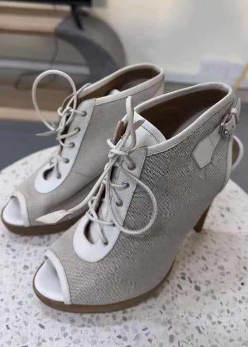 Hermes Grey/White Canvas and Leather Peep Toe Lace Up Slingback Booties Size 39