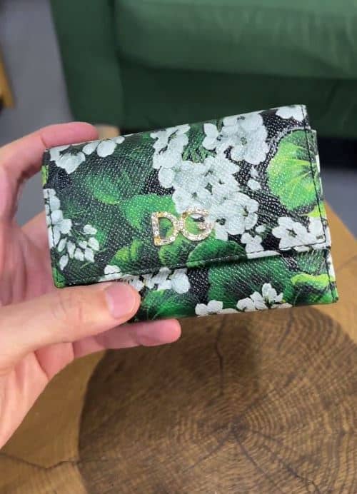 Dolce & Gabbana Green Floral Printed Leather DG Crystals Trifold Wallet