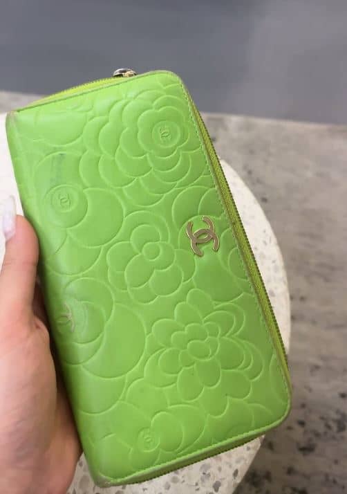 Chanel Green Leather Camellia Zip Around Wallet