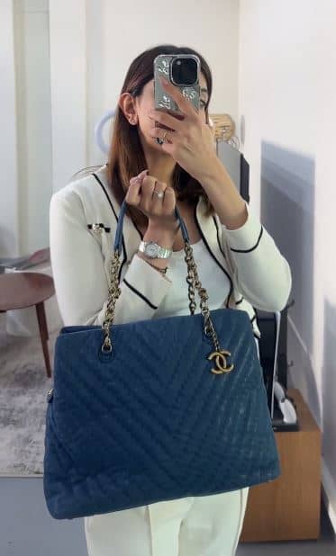 Chanel Blue Iridescent Chevron Leather CC Charm Chain Bag