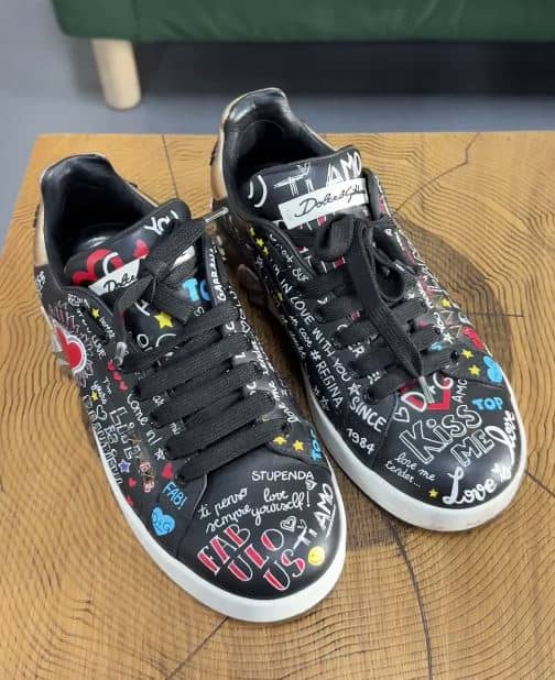 Dolce & Gabbana Black Graffiti Leather Portofino Sneakers Size 36.5