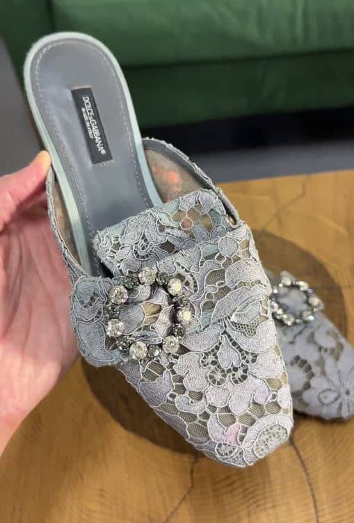 Dolce & Gabbana Grey Lace Crystals Embellished Flat Mules Size 37