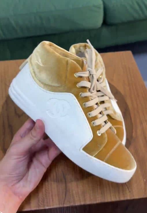 Chanel Gold/White Velvet and Rubber CC High Top Sneakers Size 36