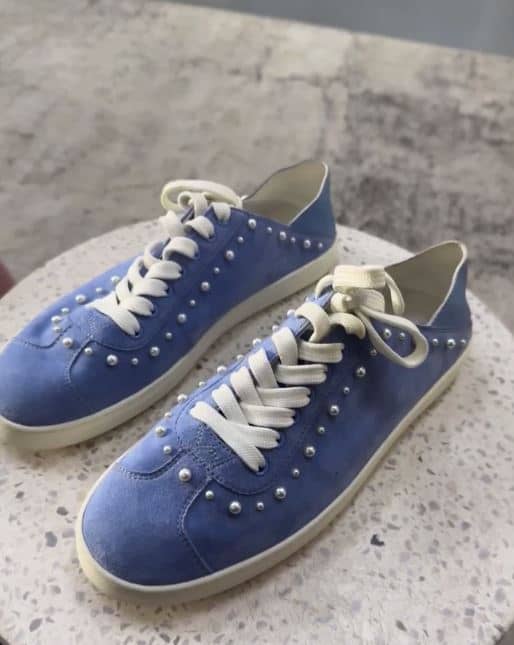 Stuart Weitzman Blue Suede Pear Embellished Lace Up Sneakers Size 39.5