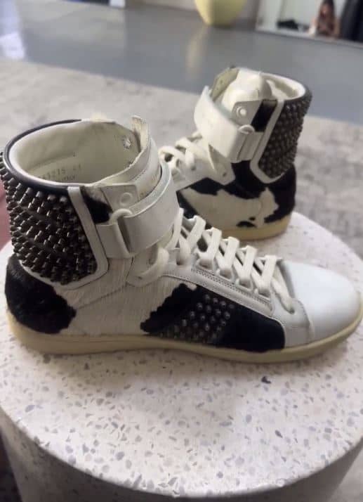 Saint Laurent Black/White Leather and Calf Hair Studded High Top Sneakers Size 41