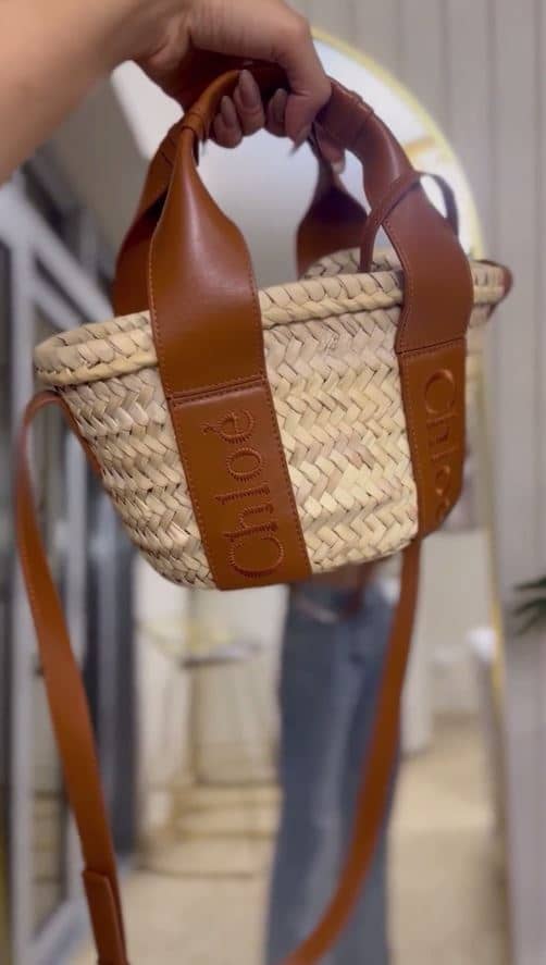 Chloé  Brown/Cream Woven Raffia and Leather Small Sense Basket Bag