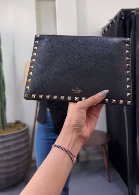 Valentino Black Leather Rockstud Flap Organizer Clutch